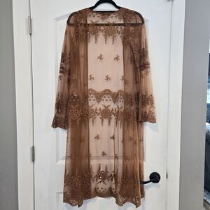 Haute Monde Tan Sheer Embroidered Kimono  Size Medium
